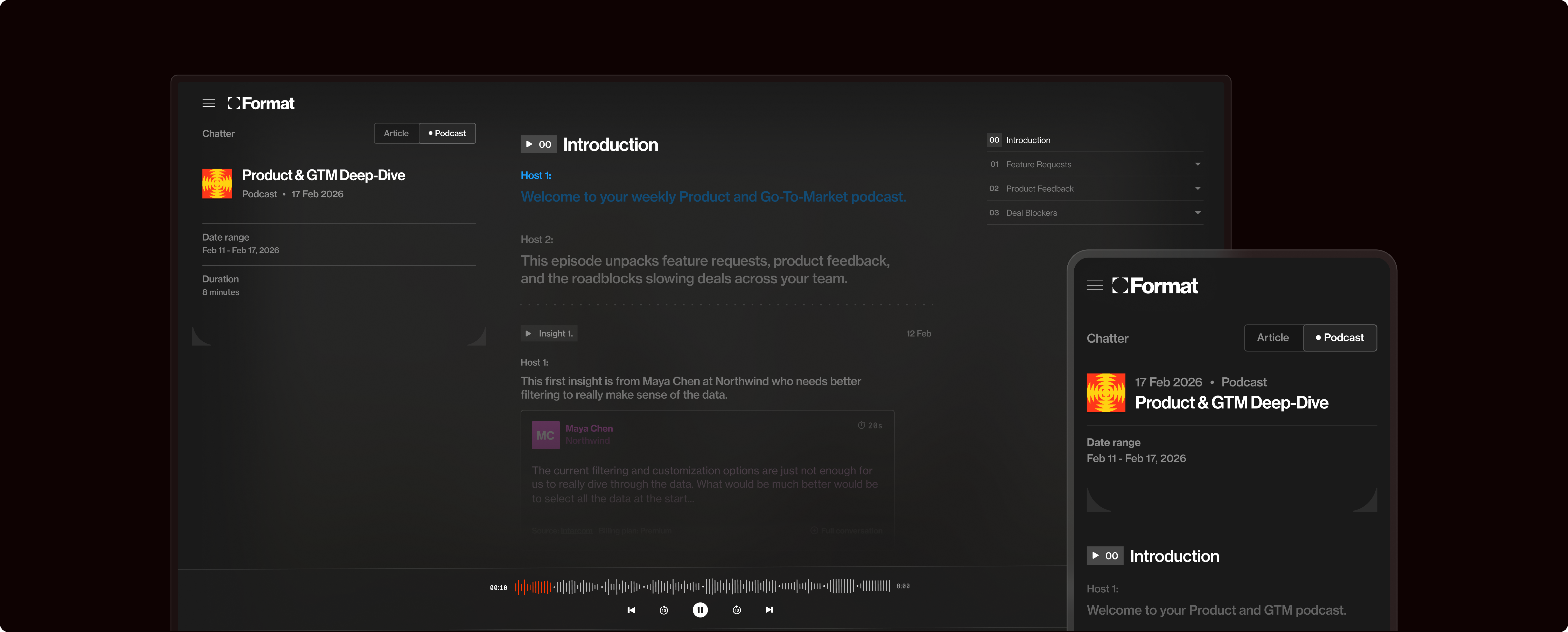 Format podcast desktop and mobile UI